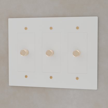 Brass Residence Supply 3-Way Rotary Dimmer Switch for 1 to 5 Gangs, showing multiple switch configurations and rotary control.