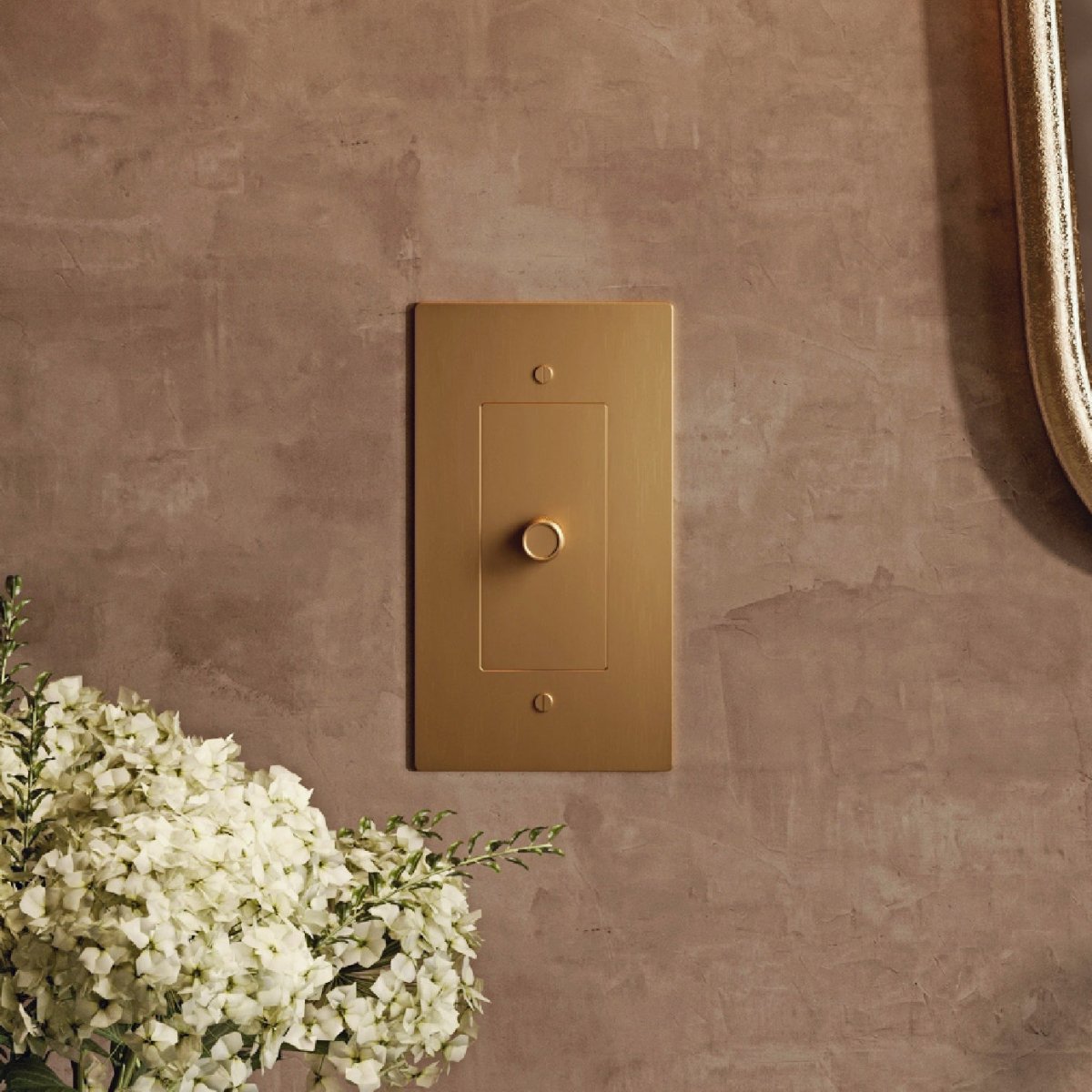Brass Residence Supply 3-Way Rotary Dimmer Switch for 1 to 5 Gang, showing the switch with rotary knob and mounting plate.