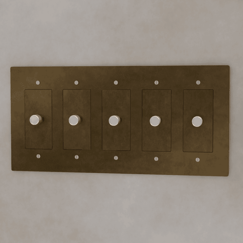 Brass 3-way rotary dimmer switch by Residence Supply, 1 to 5 gang, showing the switch with brass finish and multiple gang options