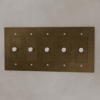 Brass 3-way rotary dimmer switch by Residence Supply, 1 to 5 gang, showing the switch with brass finish and multiple gang options