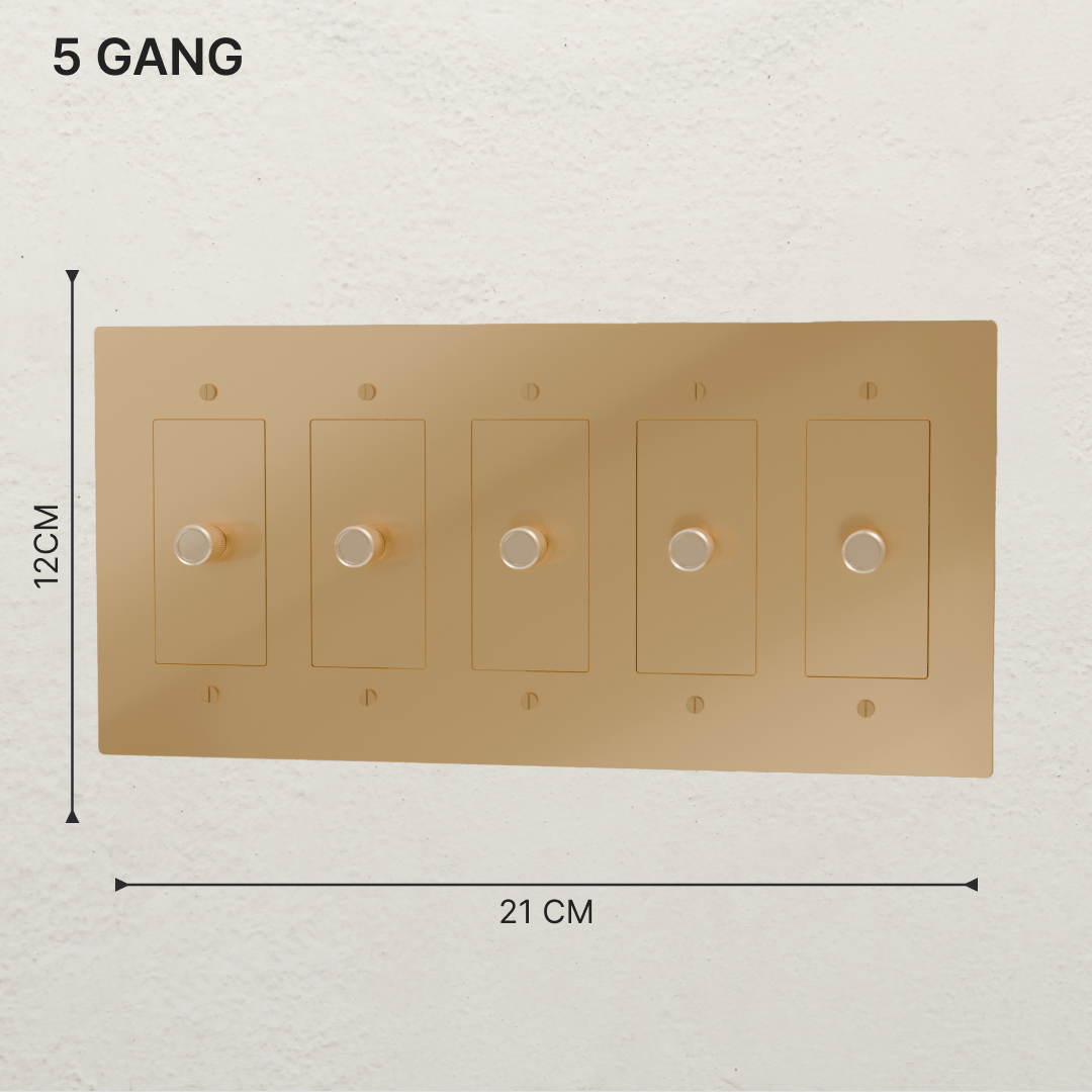 Residence Supply Brass 3-Way Rotary Dimmer Switch, 1 to 5 Gang, showing the metallic finish and rotary control knobs.