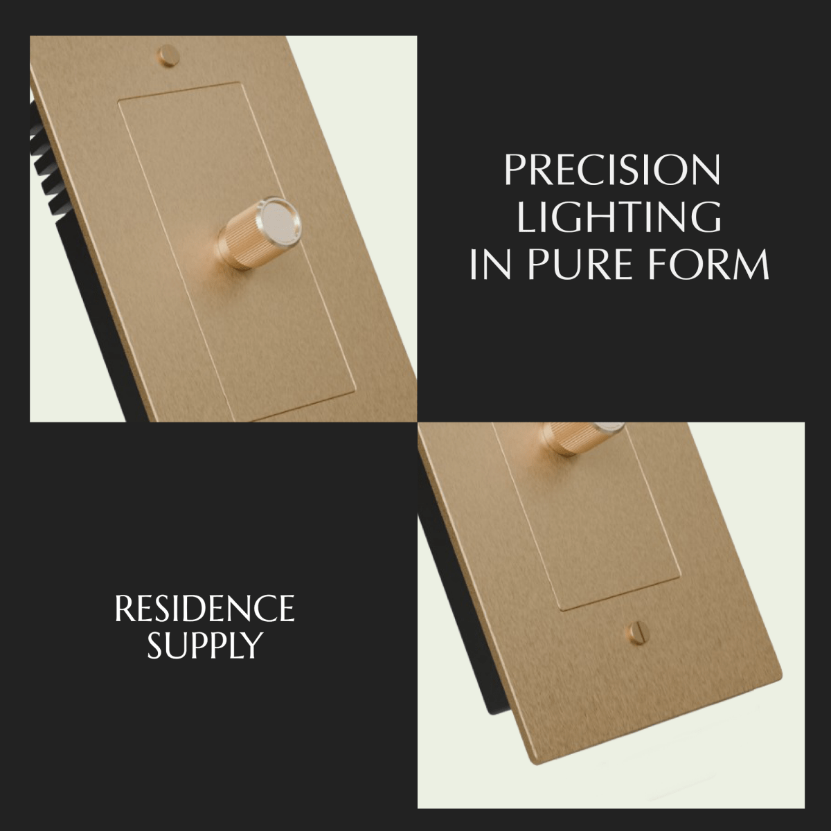 Brass dimmer switch by Residence Supply, 1 to 5 gang model, showing multiple switch panels with brass finish and control knobs.