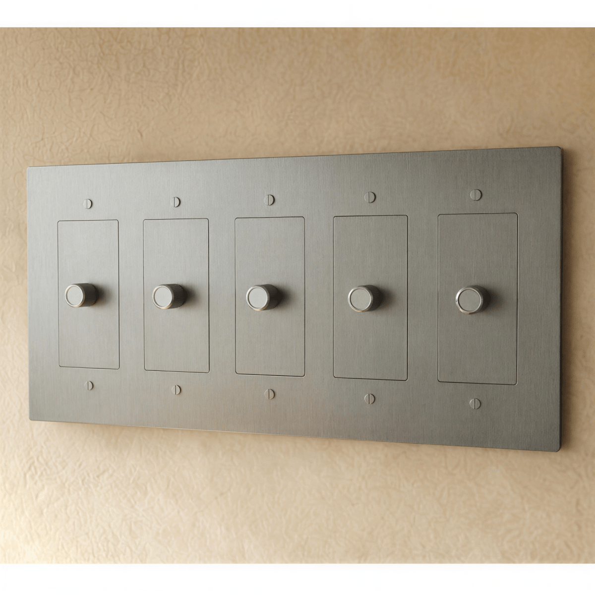 Brass dimmer switch for 1 to 5 gang electrical setups, Residence Supply, showing multiple switch panels with brass finish.