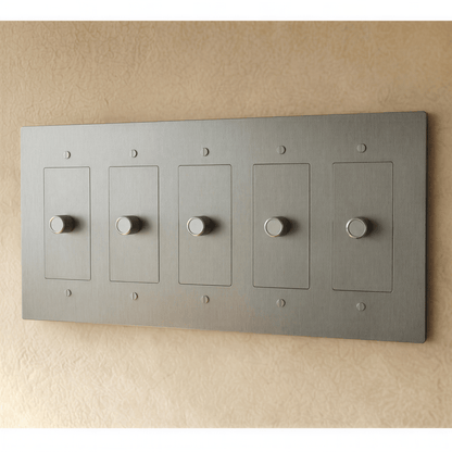 Brass dimmer switch for 1 to 5 gang electrical setups, Residence Supply, showing multiple switch panels with brass finish.