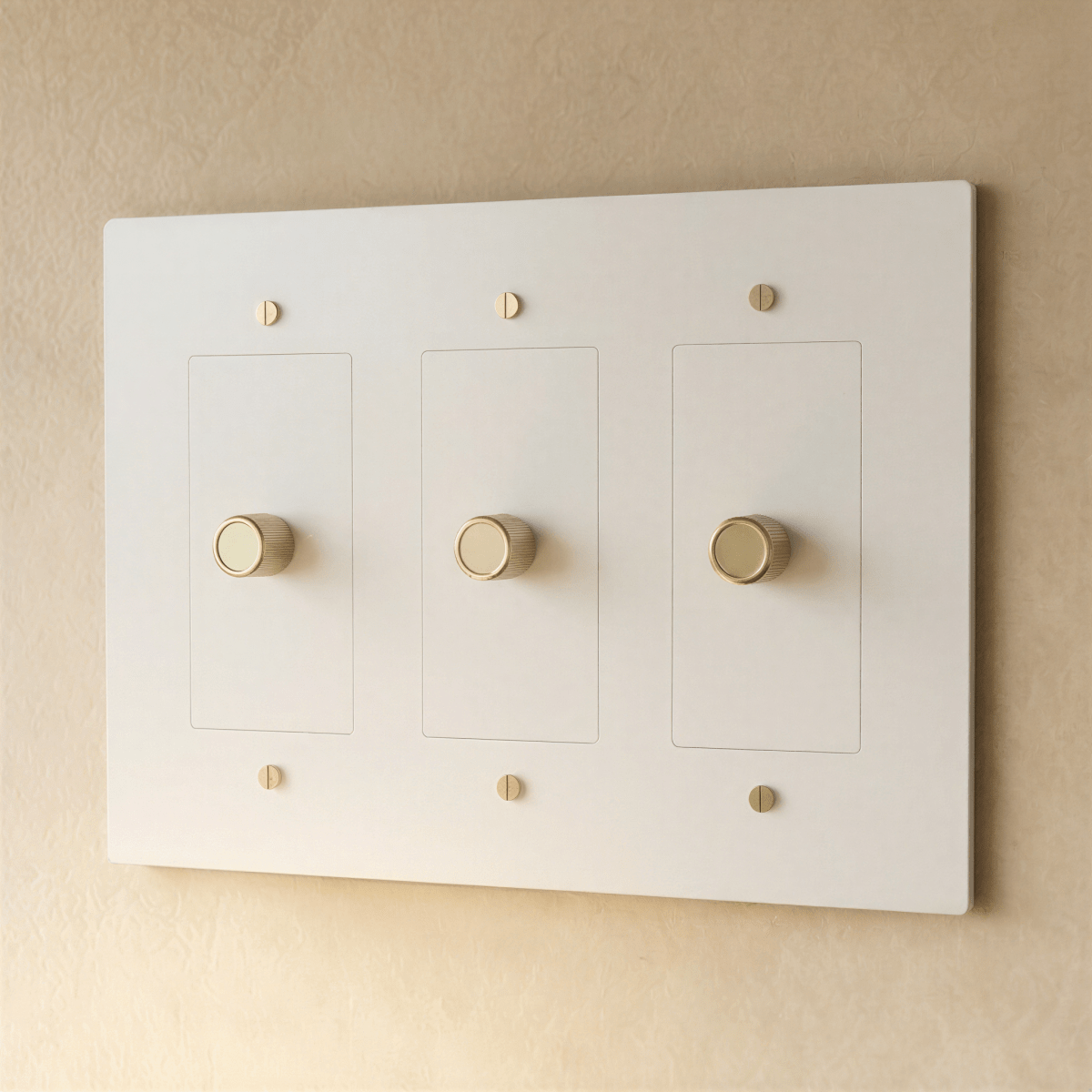 Brass dimmer switch for 1 to 5 gang electrical panels by Residence Supply, showing multiple switch configurations.
