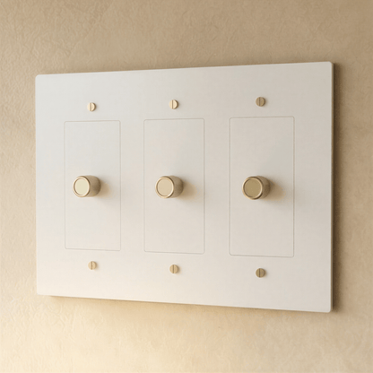 Brass dimmer switch for 1 to 5 gang electrical panels by Residence Supply, showing multiple switch configurations.