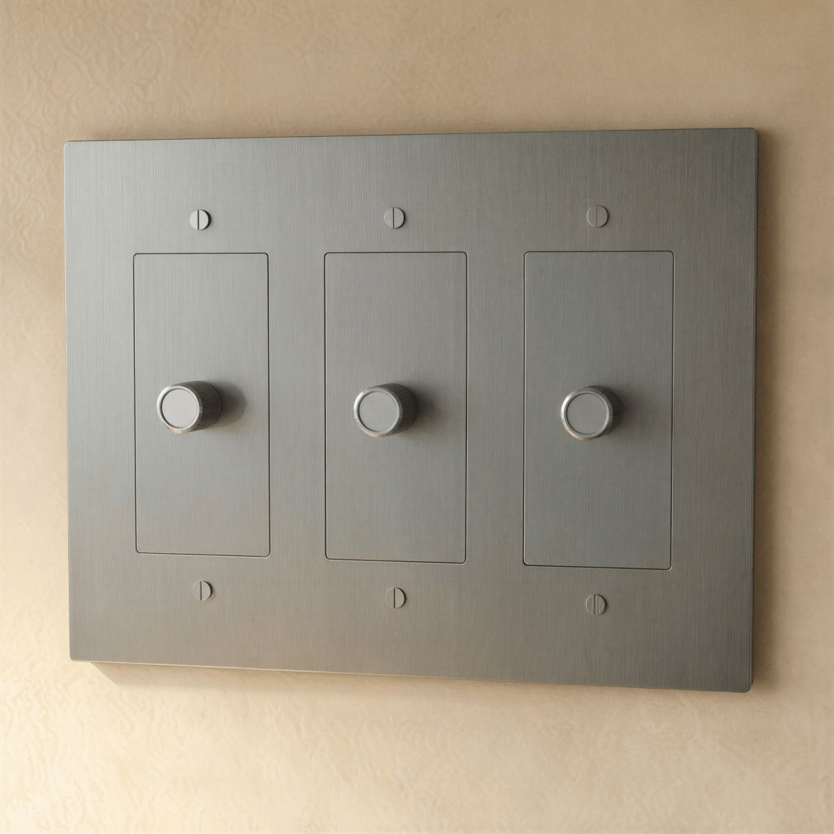 Brass dimmer switch from Residence Supply, 1 to 5 gang model with multiple toggle controls for adjustable lighting.