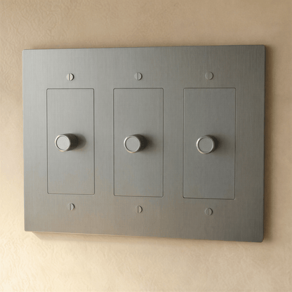 Brass dimmer switch from Residence Supply, 1 to 5 gang model with multiple toggle controls for adjustable lighting.