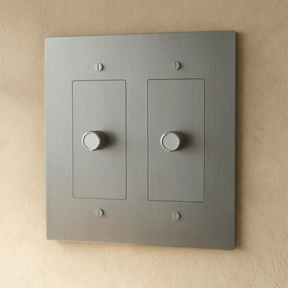 Brass dimmer switch for 1 to 5 gang electrical setups by Residence Supply, showing multiple control sliders on a sleek brass faceplate.