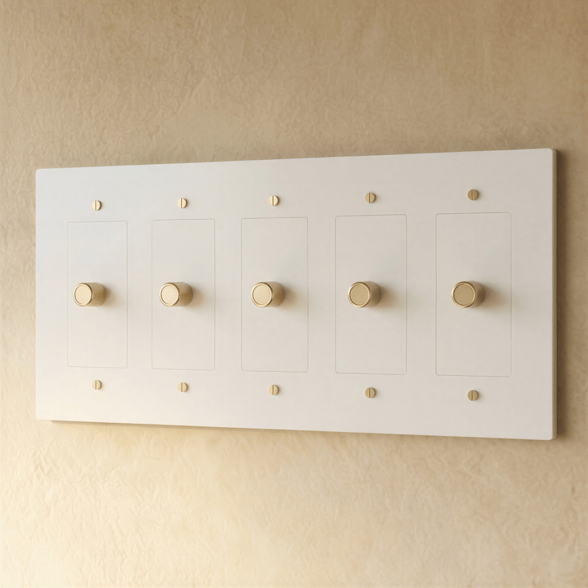 Brass dimmer switch for 1 to 5 gang setups, Residence Supply, showing multiple switch panels with adjustable dimming controls.