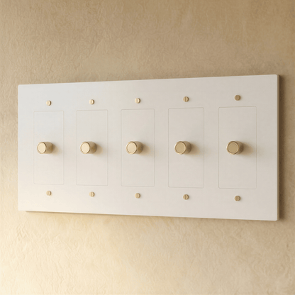 Brass dimmer switch for 1 to 5 gang setups, Residence Supply, showing multiple switch panels with adjustable dimming controls.
