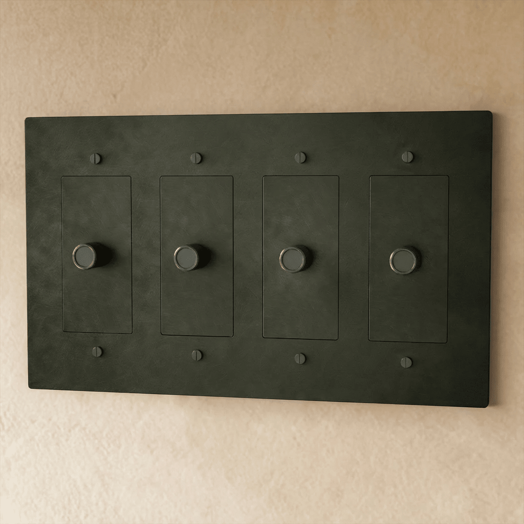 Brass dimmer switch from Residence Supply, 1 to 5 gang, showing sleek design and multiple control sliders for lighting adjustment.