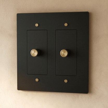 Brass dimmer switch with 1 to 5 gang configuration from Residence Supply, showing multiple switch panels on a wall.
