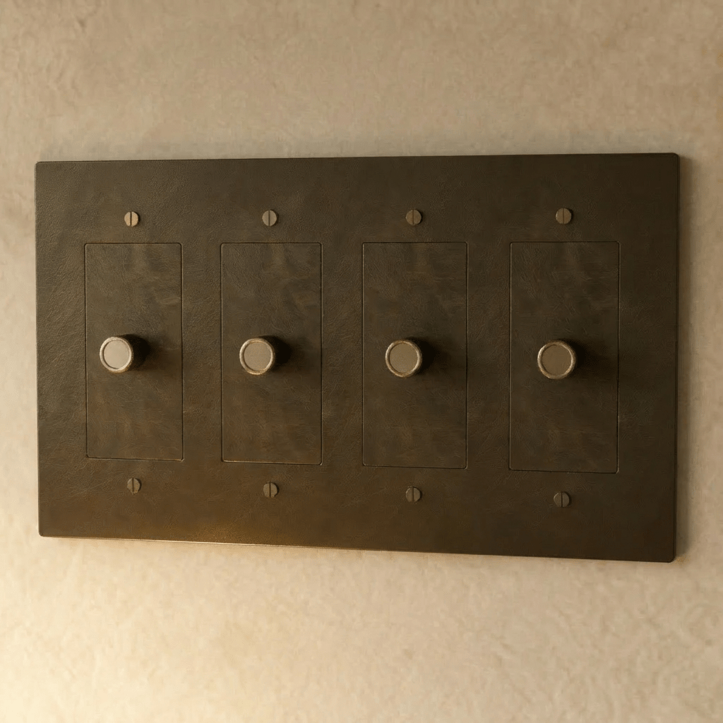 Brass dimmer switch from Residence Supply, 1 to 5 gang, with multiple adjustable controls and a sleek brass finish.