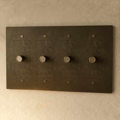 Brass dimmer switch from Residence Supply, 1 to 5 gang, with multiple adjustable controls and a sleek brass finish.