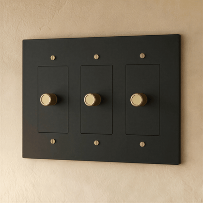 Brass dimmer switch from Residence Supply, 1 to 5 gang, with adjustable sliders and sleek brass finish, ideal for controlling lighting levels.