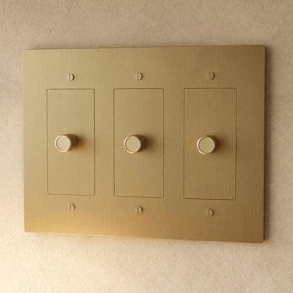 Brass dimmer switch by Residence Supply, 1 to 5 gang model, featuring multiple adjustable dials for controlling lighting brightness.