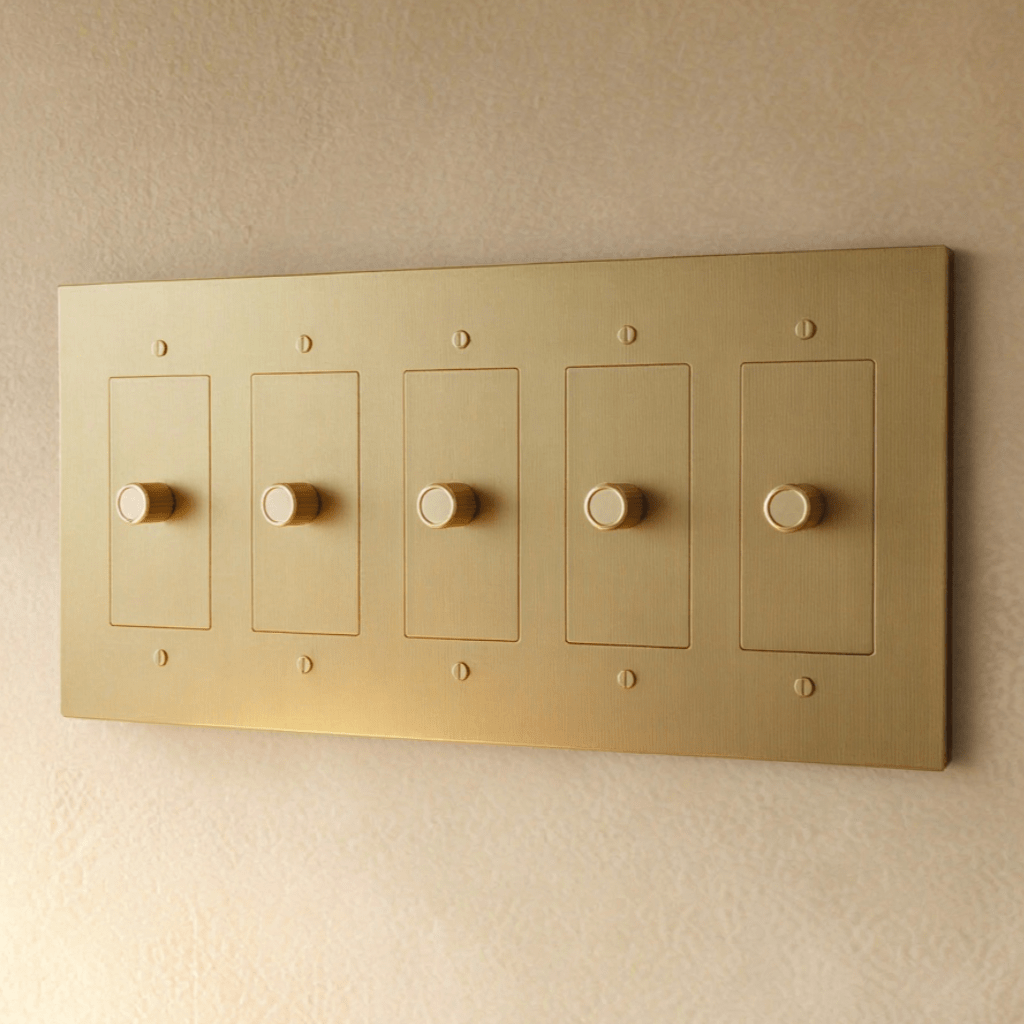 Brass dimmer switch for 1 to 5 gang installation, Residence Supply branding, with adjustable sliders and switch controls.