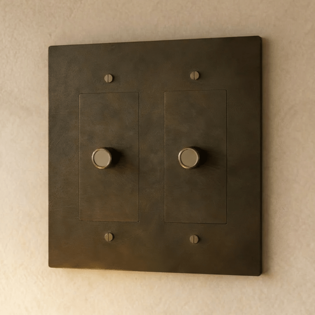 Brass dimmer switch for 1 to 5 gang electrical setups by Residence Supply, featuring multiple toggle controls on a sleek brass finish.