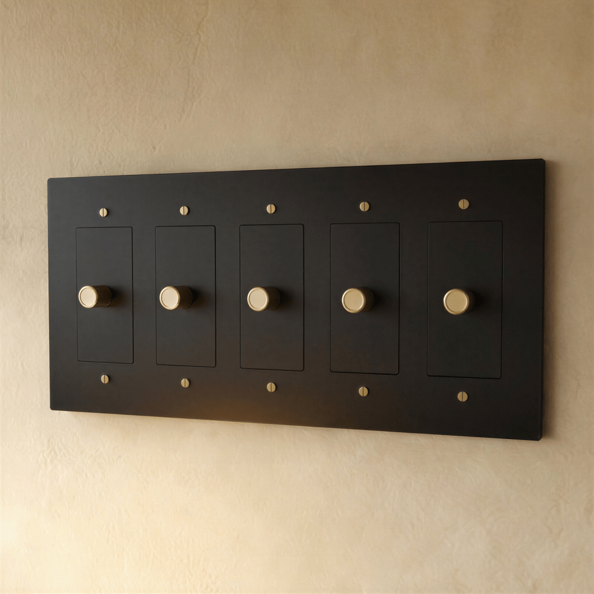 Brass dimmer switch for 1 to 5 gang electrical panels, Residence Supply, with multiple toggle controls and brass finish.