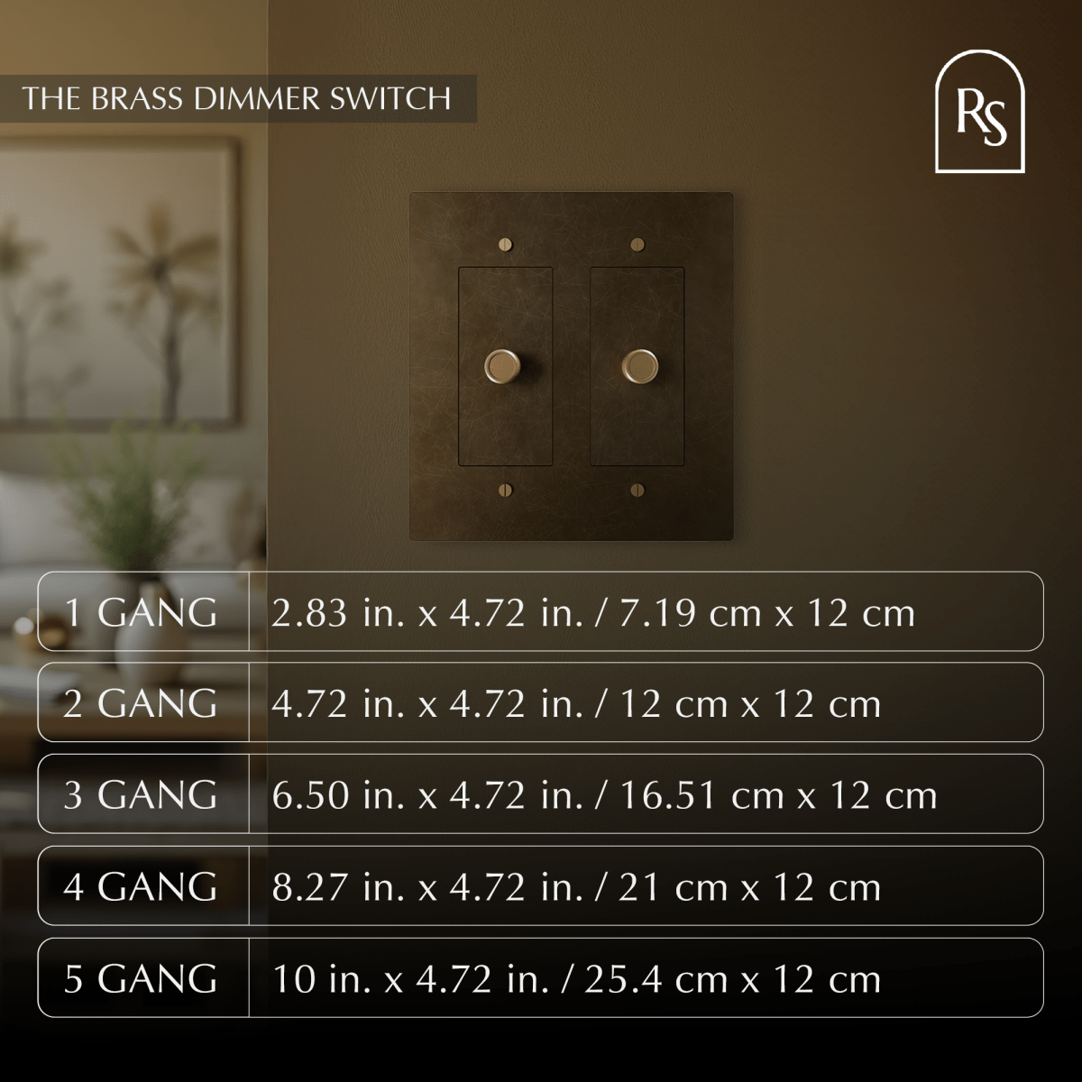 Residence Supply Brass Dimmer Switch for 1 to 5 Gang installations, featuring brass finish and multiple toggle controls.