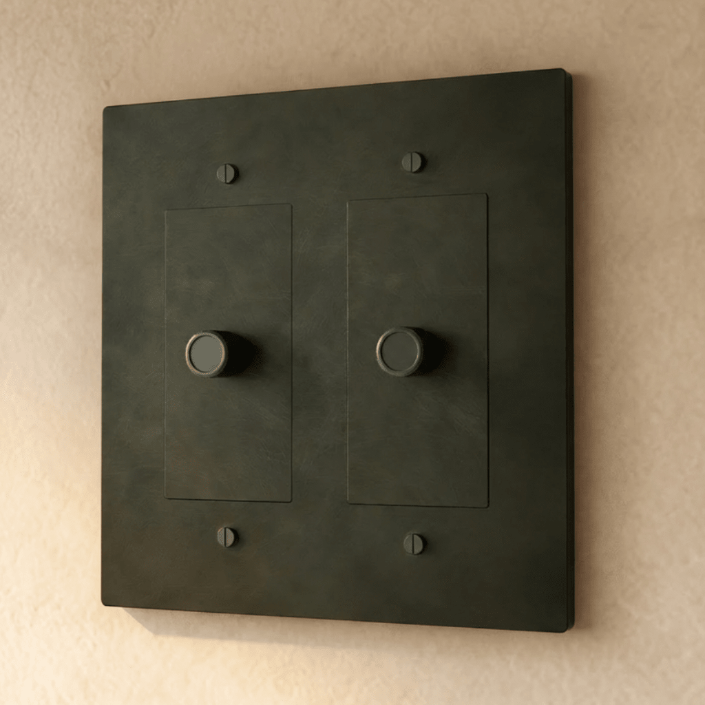Brass dimmer switch from Residence Supply, 1 to 5 gang, featuring multiple toggle controls for adjustable lighting.