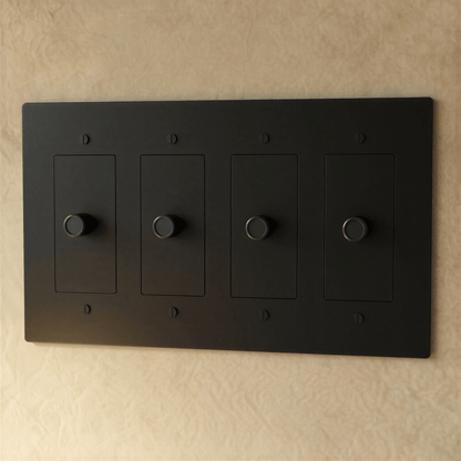 Brass dimmer switch from Residence Supply with 1 to 5 gang options, featuring sleek brass finish and multiple control sliders.