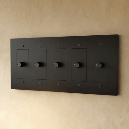 Residence Supply Brass Dimmer Switch for 1 to 5 Gang, showing multiple switches with brass finish and adjustable dimming controls.