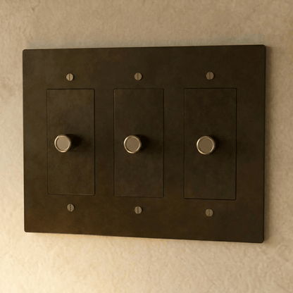 Brass dimmer switch by Residence Supply, 1 to 5 gang, featuring multiple toggle controls for lighting dimming and brightness adjustment.