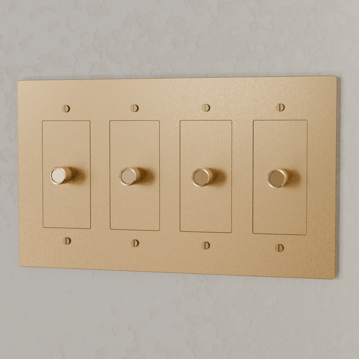 Brass 3-way rotary dimmer switch by Residence Supply, suitable for 1 to 5 gang electrical installations, with rotary control knobs.