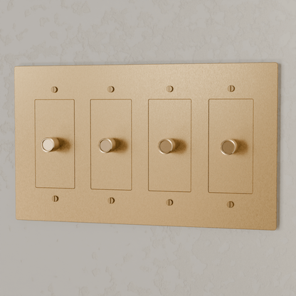 Brass 3-way rotary dimmer switch by Residence Supply, suitable for 1 to 5 gang electrical installations, with rotary control knobs.
