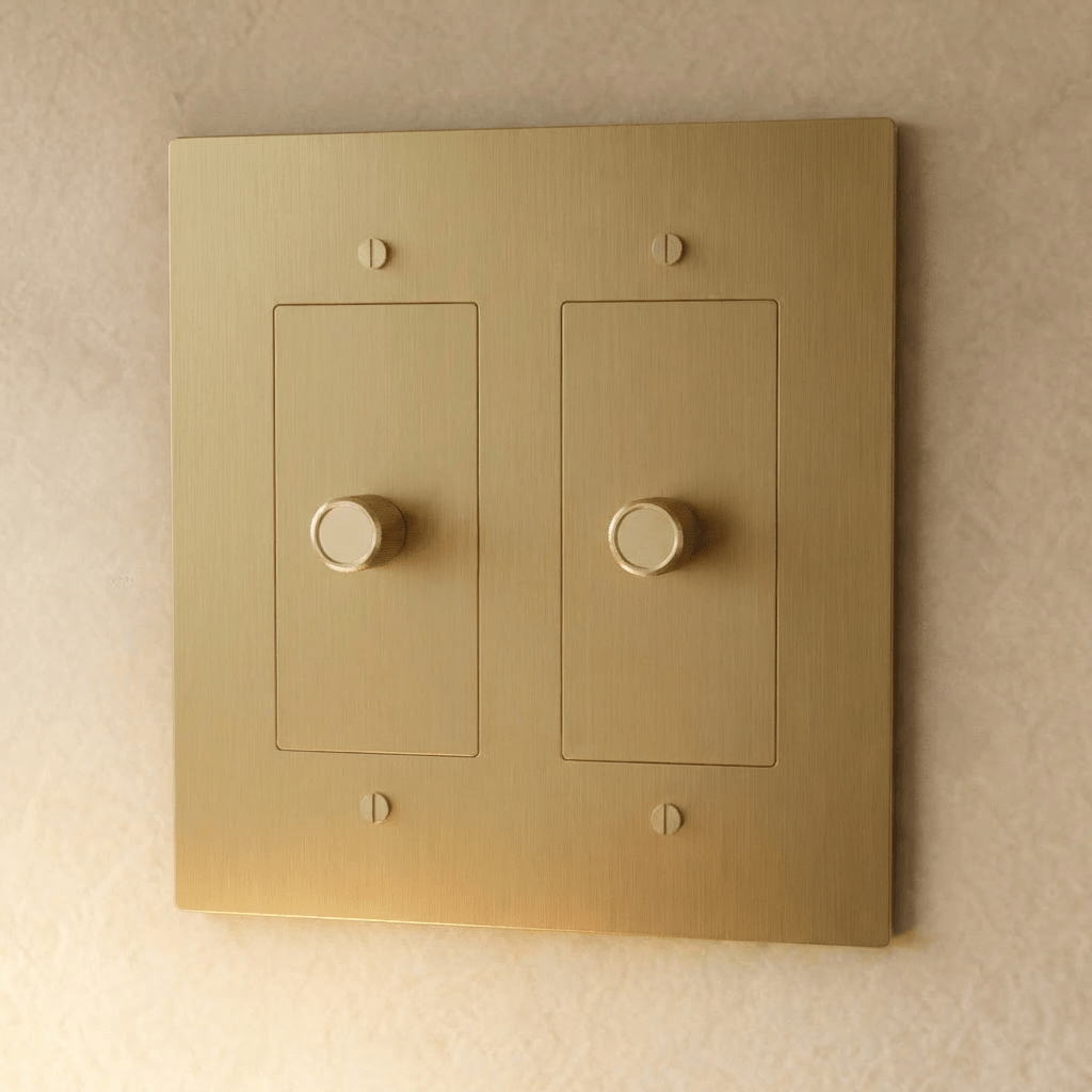 Residence Supply Brass Dimmer Switch, 1 to 5 gang, showing sleek brass finish and multiple dimmer control panels.