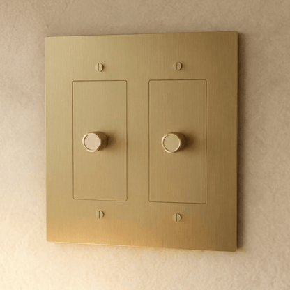 Residence Supply Brass Dimmer Switch, 1 to 5 gang, showing sleek brass finish and multiple dimmer control panels.
