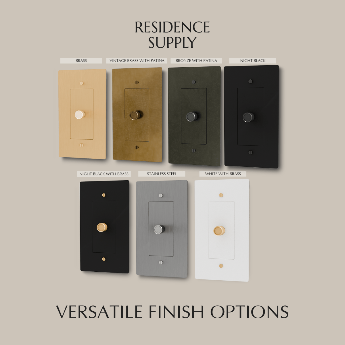 Residence Supply Brass Dimmer Switch, 1 to 5 Gang, showing multiple control switches with brass finish and sleek design.