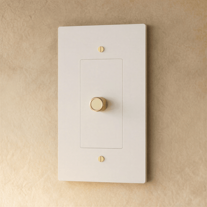 Brass dimmer switch from Residence Supply, 1 to 5 gang, with multiple toggle controls for adjusting lighting brightness.