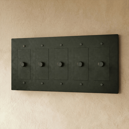 Brass dimmer switch for 1 to 5 gang electrical panels, Residence Supply, featuring multiple dimming controls and brass finish.