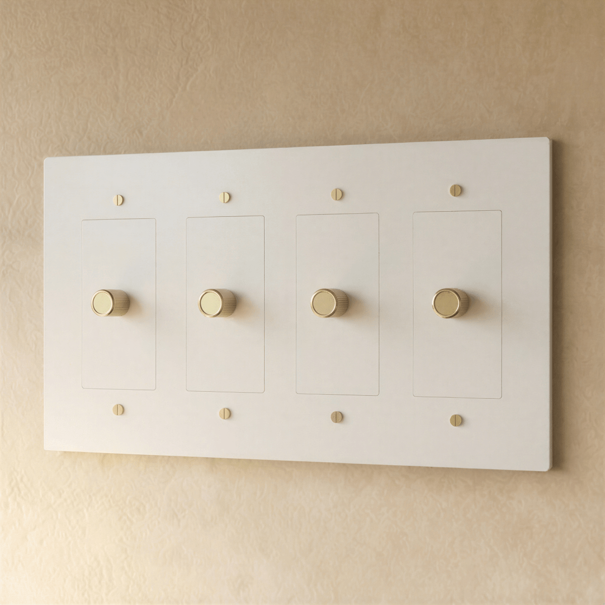 Residence Supply Brass Dimmer Switch, 1 to 5 Gang, showing polished brass finish with multiple toggle controls on a wall plate.