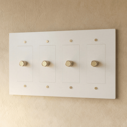 Residence Supply Brass Dimmer Switch, 1 to 5 Gang, showing polished brass finish with multiple toggle controls on a wall plate.