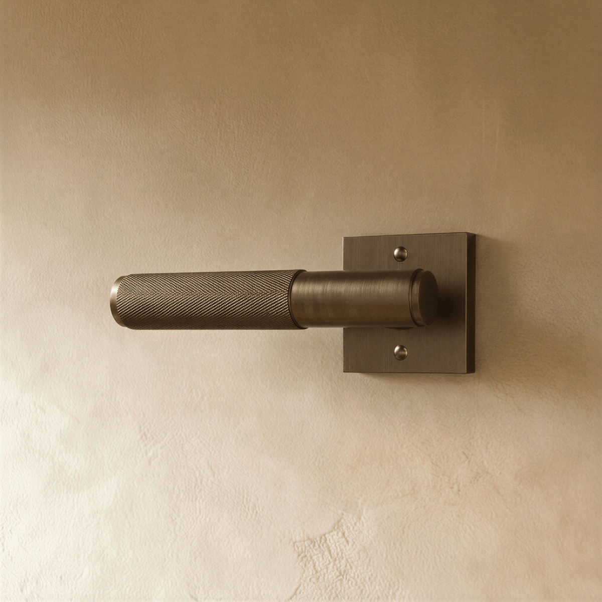 Brass door handle from Residence Supply with a polished finish, mounted on a wooden door for home and garden door hardware.