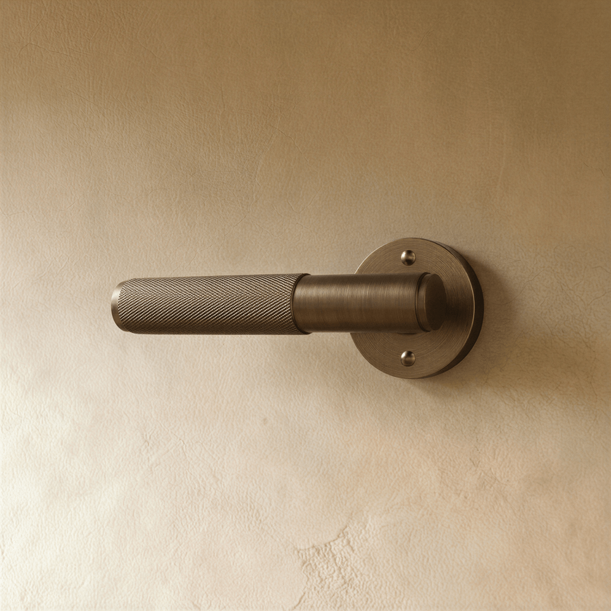 Brass door handle with a sleek, polished finish mounted on a wooden door, suitable for home and garden door hardware.