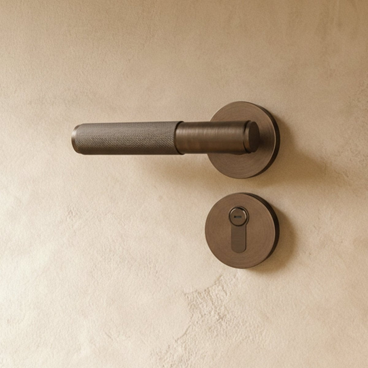 Brass door handle from Residence Supply, installed on a door, showcasing its polished finish and ergonomic design for home hardware.