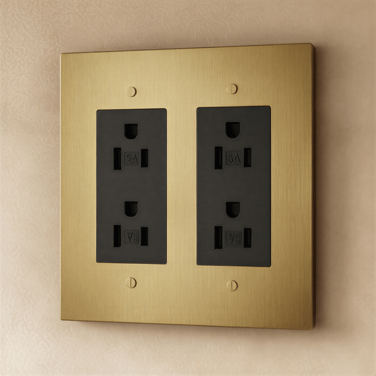 Residence Supply Brass Outlet 1 to 4 Gang with polished brass finish, showing multiple electrical outlets in a sleek, modern design.