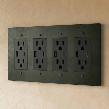 Residence Supply Brass Outlet, 1 to 4 gang electrical outlet with brass finish, shown with multiple outlet configurations.