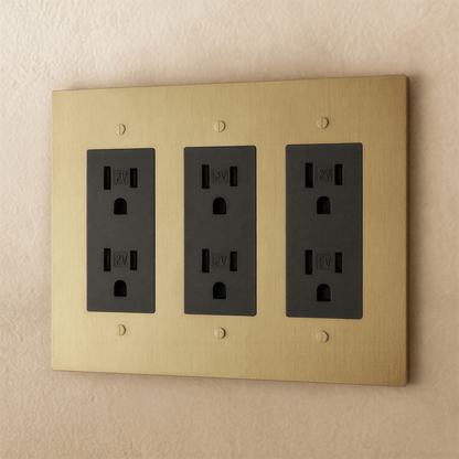 Brass outlet with 1 to 4 gang configuration from Residence Supply, showing polished brass electrical wall socket and multiple outlet options.