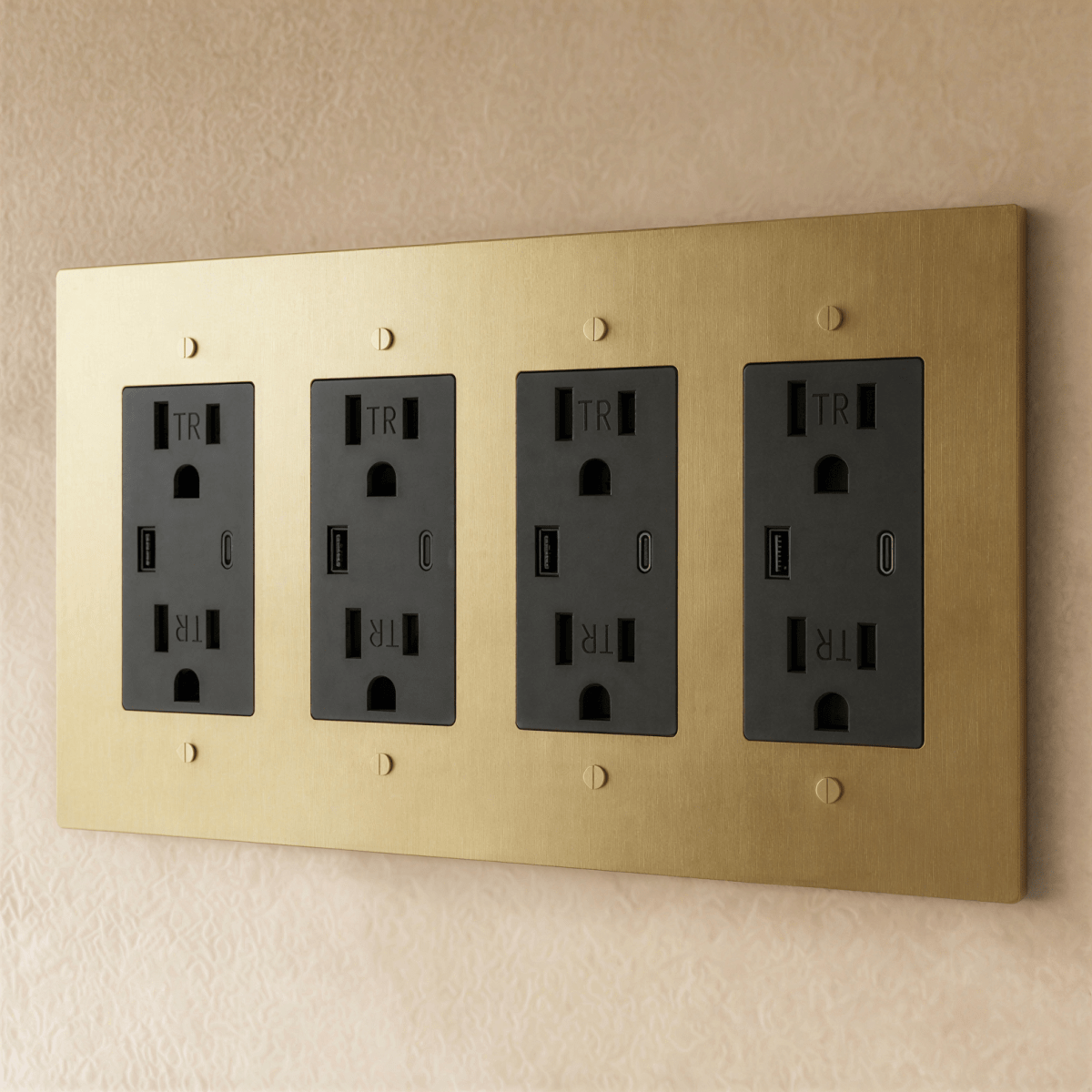 Residence Supply Brass Outlet 1 to 4 Gang electrical outlet with multiple sockets and brass finish, mounted on wall.