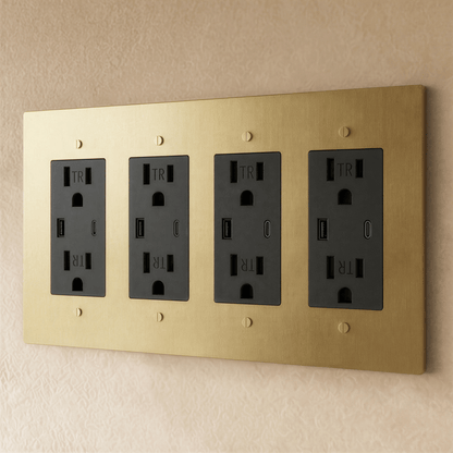 Residence Supply Brass Outlet 1 to 4 Gang electrical outlet with multiple sockets and brass finish, mounted on wall.