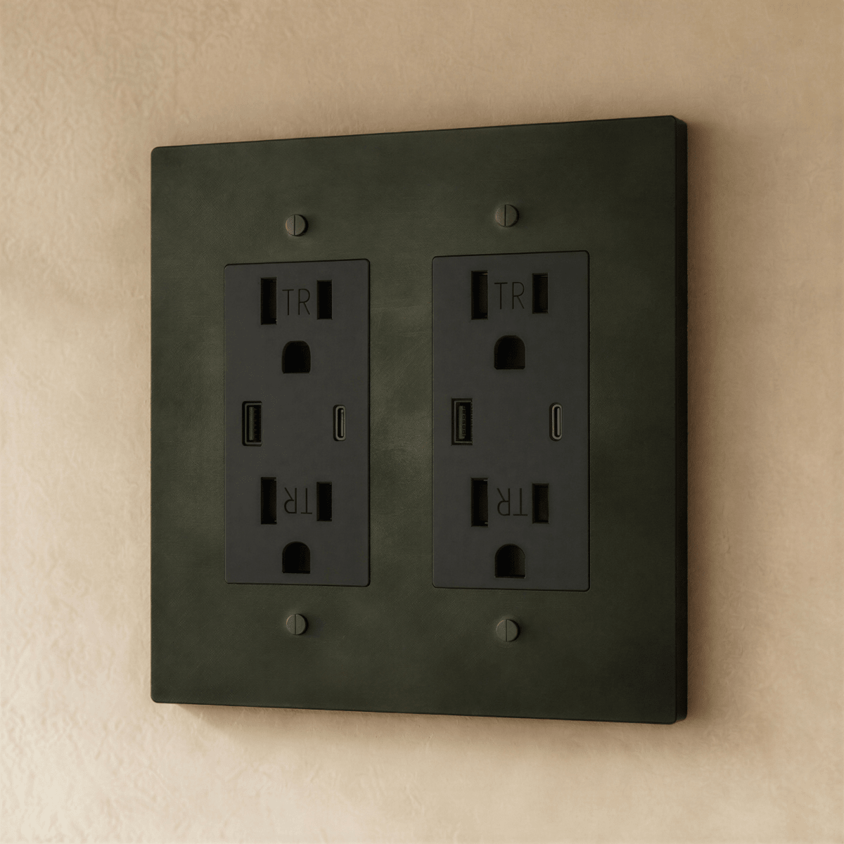 Residence Supply Brass Outlet 1 to 4 Gang electrical outlet with multiple sockets and brass finish, mounted on a wall.