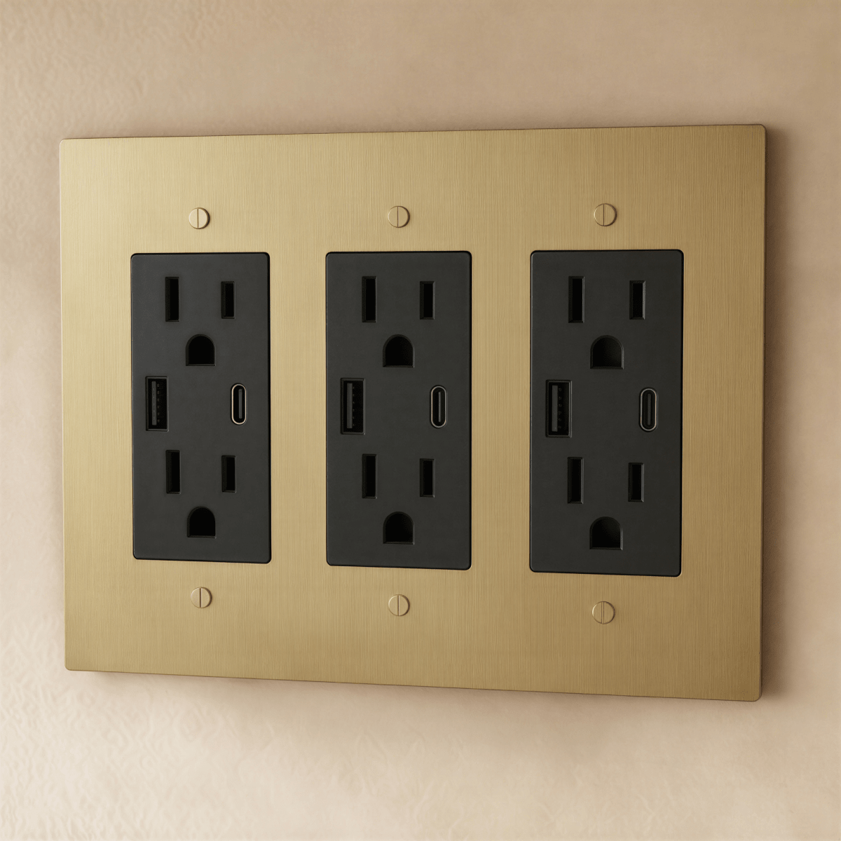 Residence Supply Brass Outlet 1 to 4 Gang electrical outlet with brass finish and multiple socket configurations.