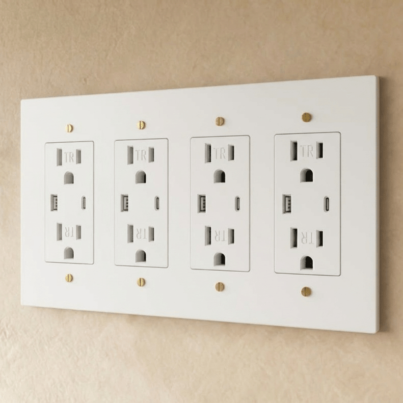 Residence Supply Brass Outlet 1 to 4 Gang electrical outlet with multiple sockets and brass finish, mounted on a wall.