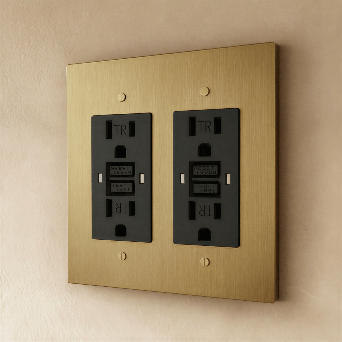 Residence Supply Brass Outlet 1 to 4 Gang, showing polished brass finish and multiple electrical outlet ports on a wall plate.